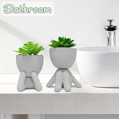 Zerzsy 2 Pack Artificial Plants Succulents with Creative Human Shaped Pots, Office Plant Cute Desk Decor for Women, Fake Succulent Decoration for Home Bathroom Shelf Decor (Grey)