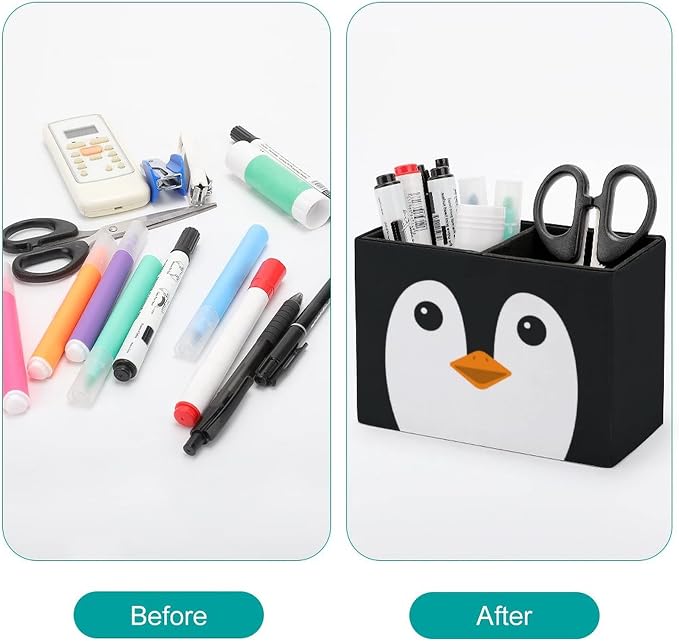 Niapessel Pencil Holder for Desk, Cute Penguin Face Pen Holder Storage Desktop Pen Organizer Desk Pencil Organizer Makeup Brush Holder for Office School College Leather