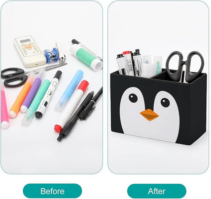 Niapessel Pencil Holder for Desk, Cute Penguin Face Pen Holder Storage Desktop Pen Organizer Desk Pencil Organizer Makeup Brush Holder for Office School College Leather
