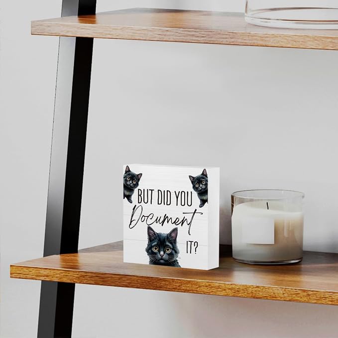 mmiishe But Did You Document It Funny Cat Office Decor for Black Cat Lover | Black Cat Gifts for HR Colleague Friend Women Men Cute Desk Decor Wooden Box Sign for Home Office Desk Boss Gift 5 x 5 Inches