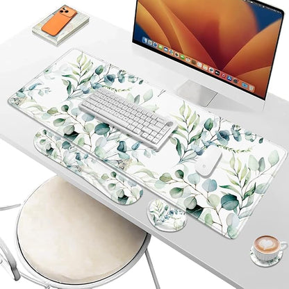 Desk Pad and Keyboard Wrist Rest, Large Mouse Pad + Keyboard Pad+Mouse Wrist Support, Non-Slip Desk Mat Protector for Office, Home 31.5×11.8 Inches Cute Flowers
