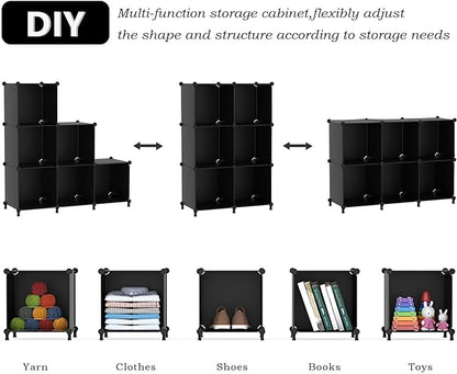 AWTATOS Cube Storage Organizer, Storage Cubes Shelves Bookshelf, 6 Cube Closet Organizers and Storage, DIY Stackable Plastic Clothes Organizer Shelving for Bedroom, Home, Black