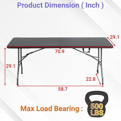 FDW 6FT Folding Table, Portable Fold-in-Half Plastic Picnic Party Table with Carrying Handle （Black, 6FT）