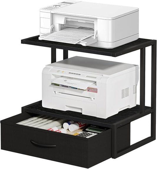 Printer Stand with Storage for Desk, with Fabric Drawer Desktop Printer Stand Shelf Organzier for Home Office, for Above and Under Desk Printer Table, Fax Machine Copier Scanner, Black