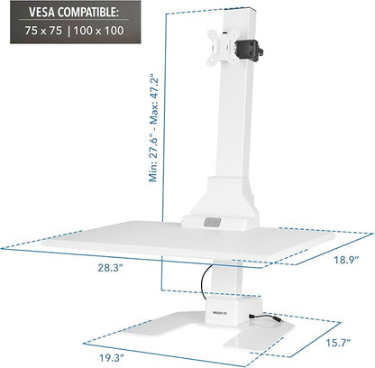 Mount-It! Electric Standing Desk Converter, Adjustable Tabletop Sit Stand Desk Riser with Single Monitor Mount for Monitors up to 32", Freestanding 28" Wide Platform Rises up to 20.75" White
