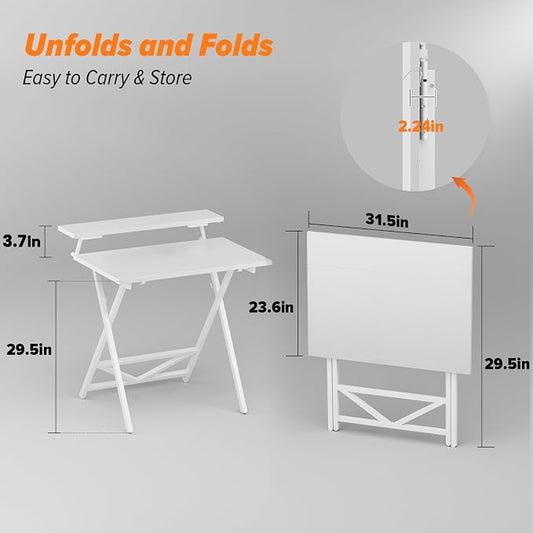 WOHOMO Folding Computer Desk with Adjustable Height, 23.6" x 31.5" x 25.6" Foldable Table with Monitor Stand, Small Office Desk for Bedroom, Space Saving Desk for Home Office, Easy Assemble, White