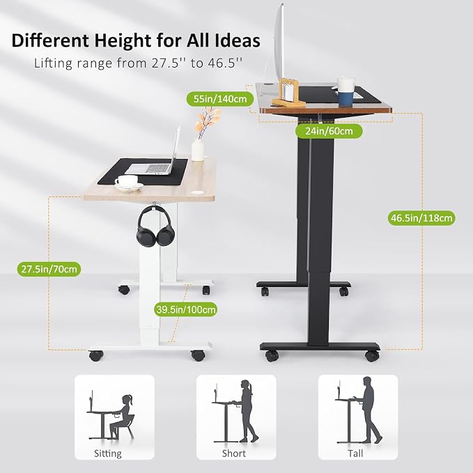 farexon Electric Standing Desk Adjustable Height, 55x24 Inches Computer Desk with 4 Preset Heights, Double Metal Hook, Rolling Wheels, Multifunctional Stand up Desk for Home/Office(White)