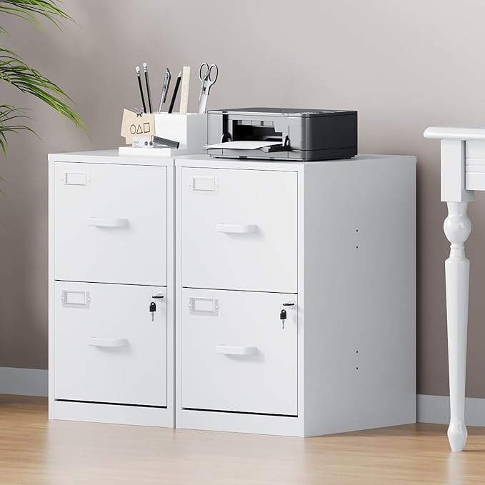 2 Drawer File Cabinet with Lock, Metal Filing Cabinets for Home Office, Vertical White Small Caninet for Home Office, Steel Narrow Two Drawer File Cabnet for Letter/File Box- Assembly Required