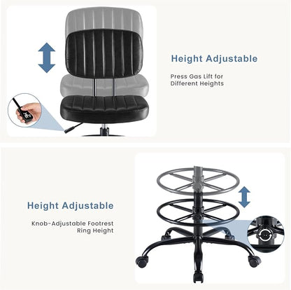 DUMOS Armless Drafting Chair, Low Back Office Seat with Adjustable Footrest Ring for Standing Desk, Ergonomic PU Leather Office Seating, Swivel Rolling High Stool for Studio, Lab, Counter, Black