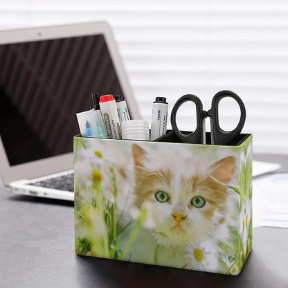 Niapessel Pencil Holder for Desk, Cute Little Cat Pen Holder Storage Desktop Pen Organizer Desk Pencil Organizer Makeup Brush Holder for Office School College Leather