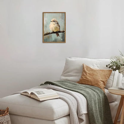 Framed Vintage Bird Wall Art, Small Bird Rustic Wall Decor Pictures, Unique Animal Canvas Art Prints Farmhouse Cottagecore Paintings for Kid's Room Bathroom Bedroom Kitchen Living Room 12x16 In