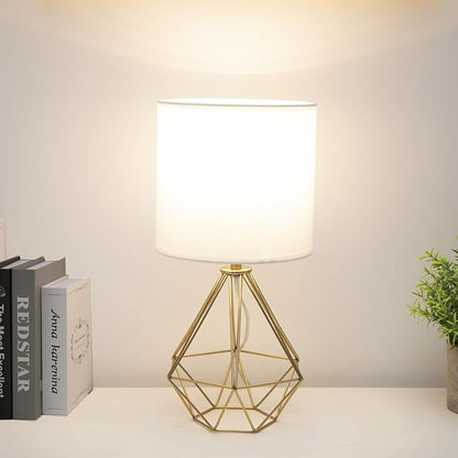 Gold Modern Small Table Lamp for Bedroom & Living Room - Geometric Metal Base, White Fabric Shade, Ideal for Bedside & Kids' Desk, Nightstand Lamp