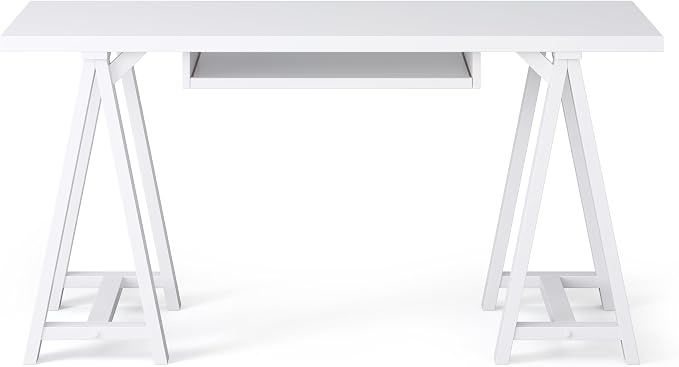 SIMPLIHOME Sawhorse Desk - 60 Inch Wide Solid Wood Writing Desk in White, Modern Industrial Home Office Computer Table for Workspace or Study with Sturdy Sawhorse Base and Integrated Keyboard Tray