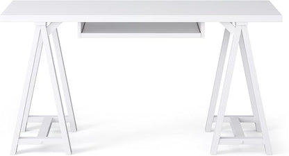 SIMPLIHOME Sawhorse Desk - 60 Inch Wide Solid Wood Writing Desk in White, Modern Industrial Home Office Computer Table for Workspace or Study with Sturdy Sawhorse Base and Integrated Keyboard Tray