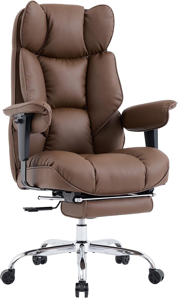 Efomao Executive Office Chair 400lbs,Brown Big and Tall Desk Chair | Mattress-grade pocket spring cushion, sleek leather, 135° recline & footrest for computer gaming setup.