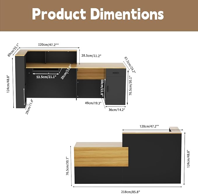 85.8 inches L-Reception Desk with Counter Modern Front Table Checkout Counter Table Retail Counter for Reception Room,Salon,Office,Store,Shop,Clinic,Lobbies,Retail,Home,Black and Natural