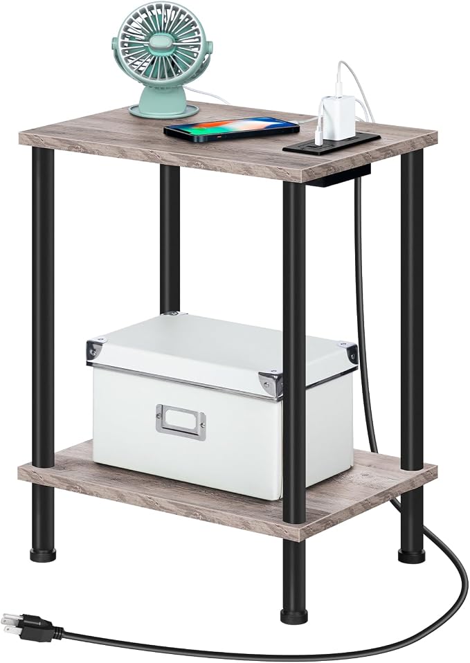 HOOBRO Side Table with Charging Station, Set of 2 End Tables with USB Port and Outlets, Nightstand with 2-Layer Storage Shelves for Small Spaces, Living Room, Bedroom, Greige and Black BG09UBZP201