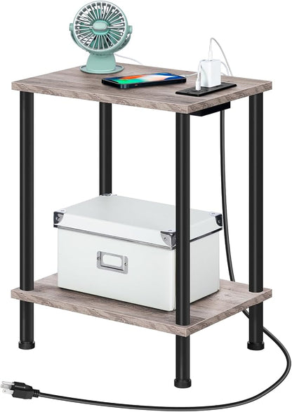 HOOBRO Side Table with Charging Station, Set of 2 End Tables with USB Port and Outlets, Nightstand with 2-Layer Storage Shelves for Small Spaces, Living Room, Bedroom, Greige and Black BG09UBZP201