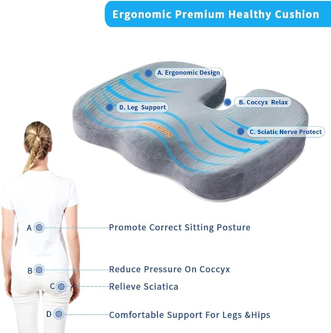 SAIREIDER Seat Cushions for Office Chairs, Memory Foam Coccyx Cushion Pads for Tailbone Pain, Sciatica Relief Pillow, Car Seat Cushion, Correct Sitting Posture (Grey)