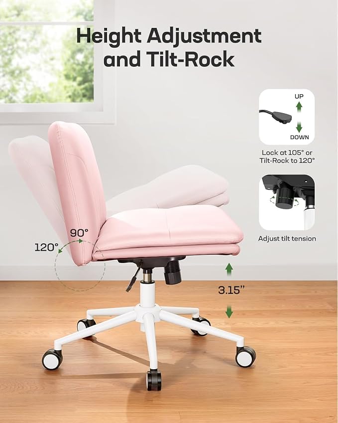 Marsail Armless-Office Desk Chair with Wheels: PU Leather Cross Legged Wide Chair,Comfortable Adjustable Swivel Task Chairs for Home,Office,Make Up,Small Space,Bed Room, Pink