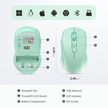 TECKNET Bluetooth Mouse (BT 5.0/3.0+2.4Ghz), 6-Level 4000 DPI Wireless Mice for Laptop, 2-in-1 Ergonomic Computer Portable PC Mouse, Silent Mouse with USB Receiver for Windows/Mac/PC/Notebook-Green
