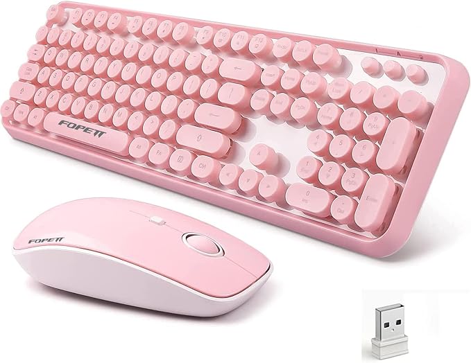 Wireless Keyboard and Mouse Combo - Cute Colorful Keyboard and Mouse, Retro Typewriter Keyboard with 2.4GHz Plug & Play, for Windows 11/10/7, Laptop, PC (Pink)