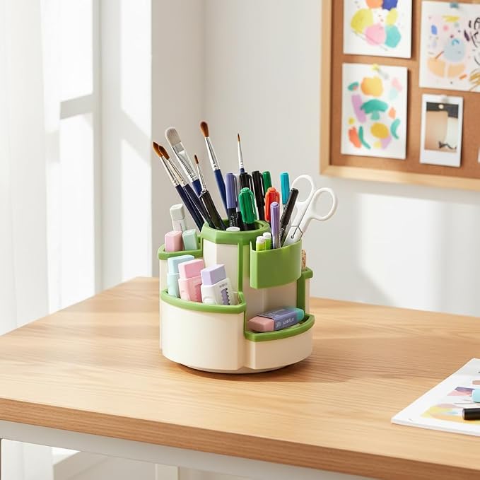 Pencil Holder for Desk Rotating Pen Organizers Green Small Desktop Organizer Desk Storage Caddy Ideal for Office, Home, School,Classroom (White & Green)