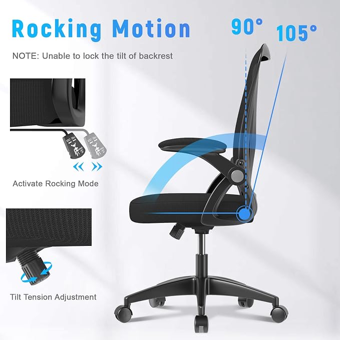 naspaluro Ergonomic Office Chair, Mid Back Desk Chairs with Adjustable Height, Swivel Chair with Flip-Up Arms and Lumbar Support, Breathable Mesh Computer Chair for Home/Study/Working, Dark Black
