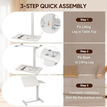 Adjustable Overbed Table with Tilt Board & Wheels, Rolling Bedside Laptop Desk for Hospital Bed Home Office, Height Adjustable Bed Table Tray for Eating Working Reading, 26.18"-42.12" (White)