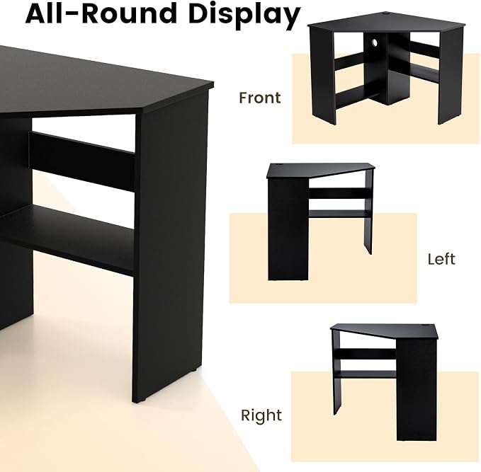 Corner Computer Desk with Shelves, 90° Triangle Wooden Study Writing Table Cable Management Holes, Space Saving Compact Study Workstation for Bedroom Living Room Office (Black)