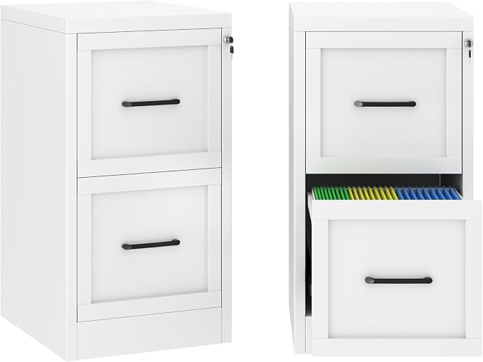 Small Metal 2-Drawer File Cabinet, Under-Desk Filing Cabinet, White | Locking, Adjustable Hanging Rail, Fit A4, FC, Letter, Hanging File Folders for Home Office Storage Organization, 2PS
