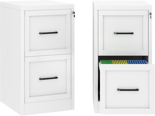 Small Metal 2-Drawer File Cabinet, Under-Desk Filing Cabinet, White | Locking, Adjustable Hanging Rail, Fit A4, FC, Letter, Hanging File Folders for Home Office Storage Organization, 2PS