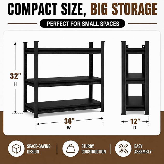 3 Tier Metal Bookshelf, Adjustable Tall Bookcase, Heavy Duty 1800 LBS Modern Deep Book Shelf, Bolt-Free Storage Shelves for Living Room, Home Office, Garage, 36" Wx 12" Dx 32" H