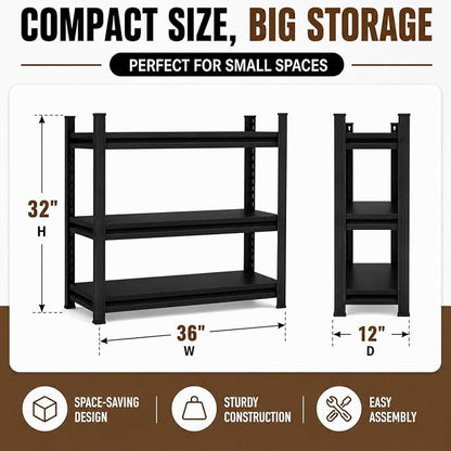 3 Tier Metal Bookshelf, Adjustable Tall Bookcase, Heavy Duty 1800 LBS Modern Deep Book Shelf, Bolt-Free Storage Shelves for Living Room, Home Office, Garage, 36" Wx 12" Dx 32" H