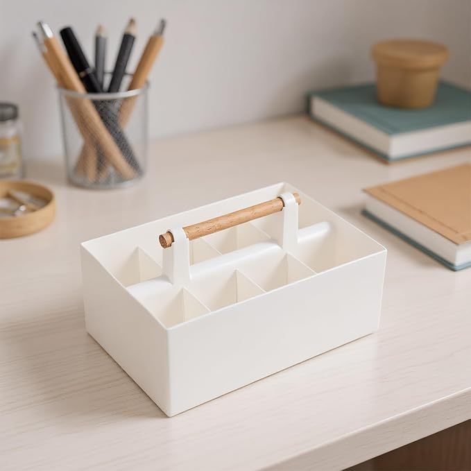 Buqoo Desk Organizer with 8 Compartments, Plastic Makeup Organizer with Wooden Handle, Pen Holder for Desktop Storage, Desk Organization for School, Home, Office Supplies (White)