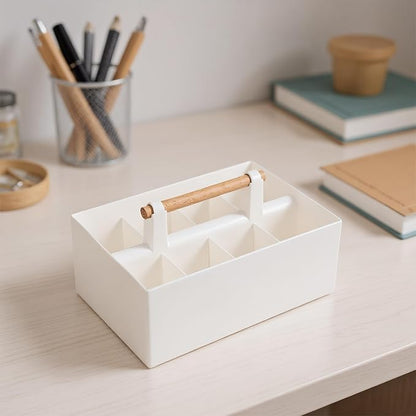 Buqoo Desk Organizer with 8 Compartments, Plastic Makeup Organizer with Wooden Handle, Pen Holder for Desktop Storage, Desk Organization for School, Home, Office Supplies (White)