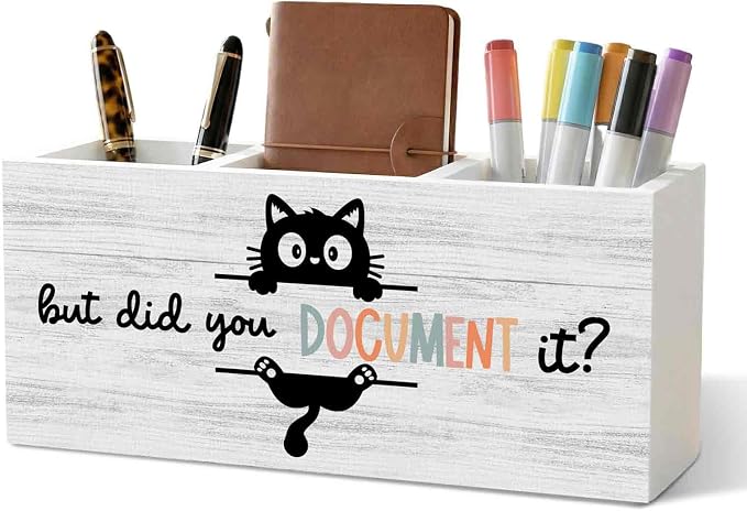 Funny Black Cat Pencil Pen Holder for Desk Organizer, Black Cat Gifts, HR Human Resource Gifts, But Did You Document It Wooden Box Decorations for Office Workplace Desk Tabletop Decor