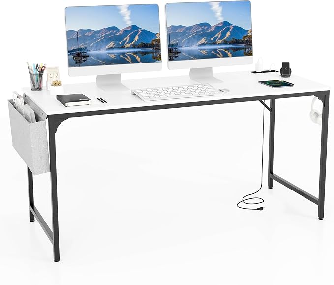 COSTWAY Home Office Desk, 32 Inch Computer Desk with Recessed Power Strip, Storage Bag & Headphone Hook, Wide Desktop, Modern Computer Workstation Writing Table for Home, Office (White + Black)