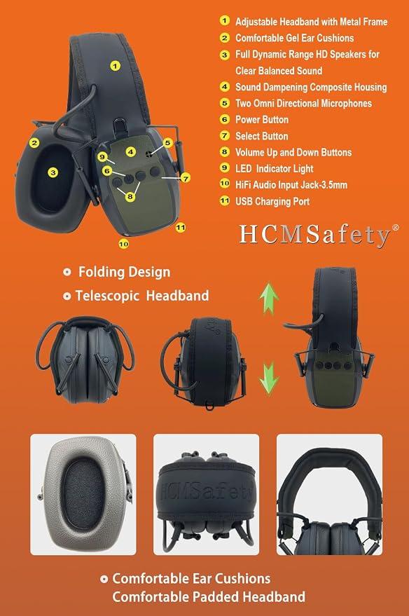 Electronic Ear Muffs - Gun Range Ear Protection, Retractable, Portable, Lightweight, Microphone Earplugs for Shooting Ear Protection