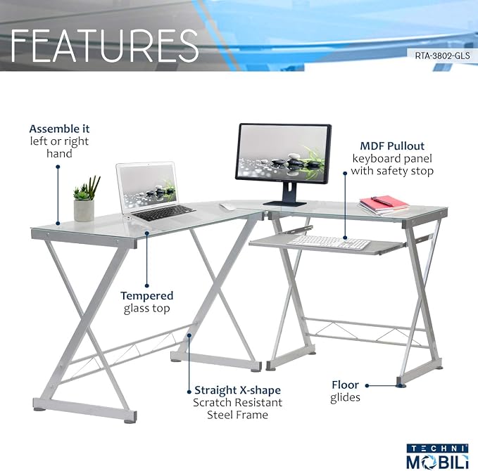 Techni Mobili L Shaped Desk with Keyboard Tray - Efficient Work from Home Desk - Glass L Shaped Desk - Professional Work Desk for Home Office - Versatile Glass Corner Desks for Home Office