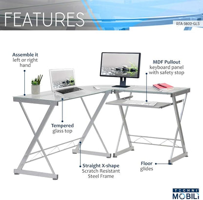 Techni Mobili L Shaped Desk with Keyboard Tray - Efficient Work from Home Desk - Glass L Shaped Desk - Professional Work Desk for Home Office - Versatile Glass Corner Desks for Home Office