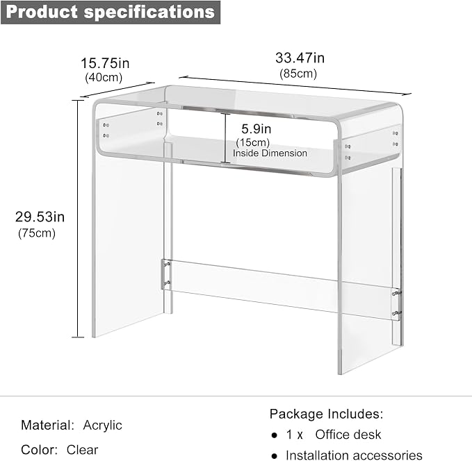 Acrylic Office Desk, Modern Laptop Writing Study Table with Open Storage, Transparent Console Entryway Table, 33.5" L x 15.8" W x 29.5" H, for Home, Bedroom (Clear)