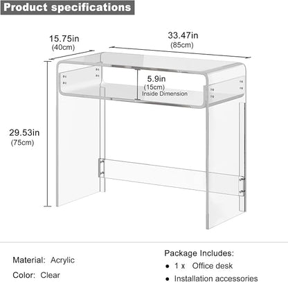 Acrylic Office Desk, Modern Laptop Writing Study Table with Open Storage, Transparent Console Entryway Table, 33.5" L x 15.8" W x 29.5" H, for Home, Bedroom (Clear)