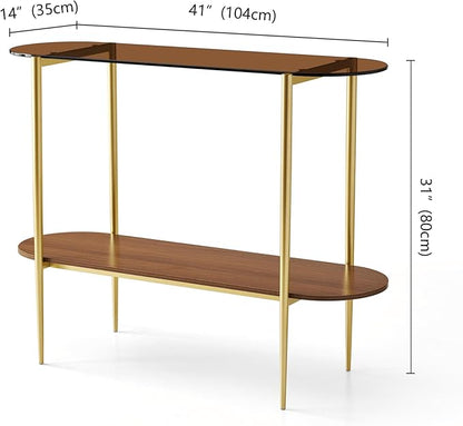 LumFurn Oval Glass Console Table for Living Room, Foyer & Entrance, 2-Tiers Mid-Century Modern Sofa Table with Amber Glass Top, Walnut Finish Wood Top and Gold Finish Metal Frame