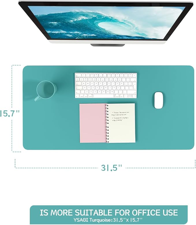 YSAGi Non-Slip Leather Desk Pad, Waterproof Laptop Computer Desk Keyboard Mat, Table Protector Blotter Mat, Large Mouse Pad for Office/Work/Home/Decor(Green Blue, 31.5" x 15.7")
