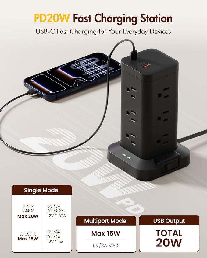 2Pack Power Strip Tower with Surge Protector 1800J, Fast Charging Tower PD20W USB-C Ports with 12 AC Outlets, 10ft Extension Cord for Home Office Dorm Room, Black