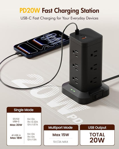 2Pack Power Strip Tower with Surge Protector 1800J, Fast Charging Tower PD20W USB-C Ports with 12 AC Outlets, 6ft Extension Cord for Home Office Dorm Room, Black