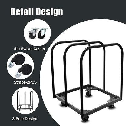 3 Pole Folding Table and Chair Cart-Panel Cart with 4Inch Swivel Caster 8PCS Table Storage Capacity Folding Chair&Table Dolly with 2PCS Straps to Store and Move Lumber,Mattress,Plywood,Box