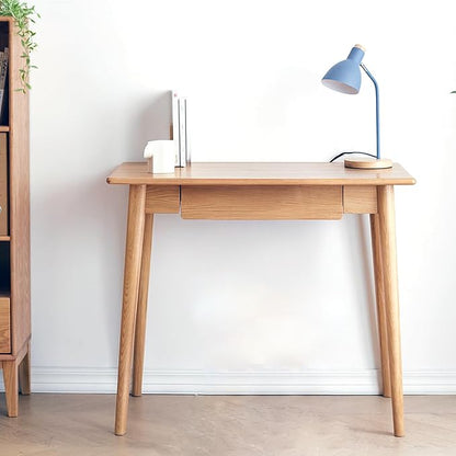 31" Solid Red Oak Narrow Writing Desk for Small Spaces – Drawer & Tapered Legs, Natural Wood Finish, Mid-Century Modern, Space-Saving for Bedroom（19.69" D x 29.92" H）