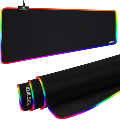 TIDALSOIL RGB Gaming Mouse Pad, 31.5 x 11.8 Inch Oversized Mouse Mat with 12 Light Modes, Non-Slip Rubber Base, Large Keyboard Pad for PC Gaming, Office, Black